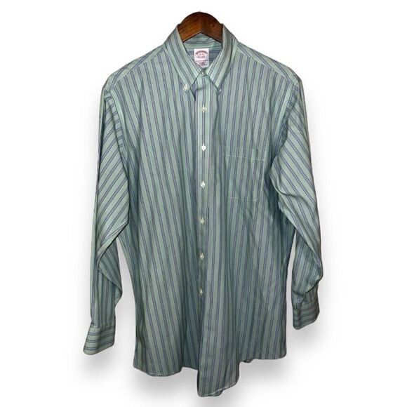 Green and Blue Striped Brooks Brothers Non-Iron Oxford Shirt Size M 16 - Picture 1 of 9